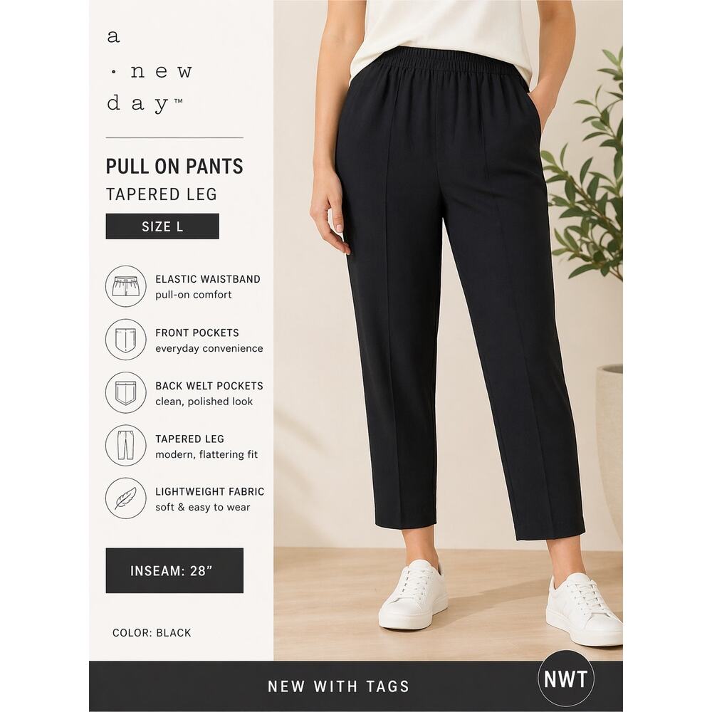 A New Day Black Pull On Ankle Pants Elastic Waist Tapered Size L NWT